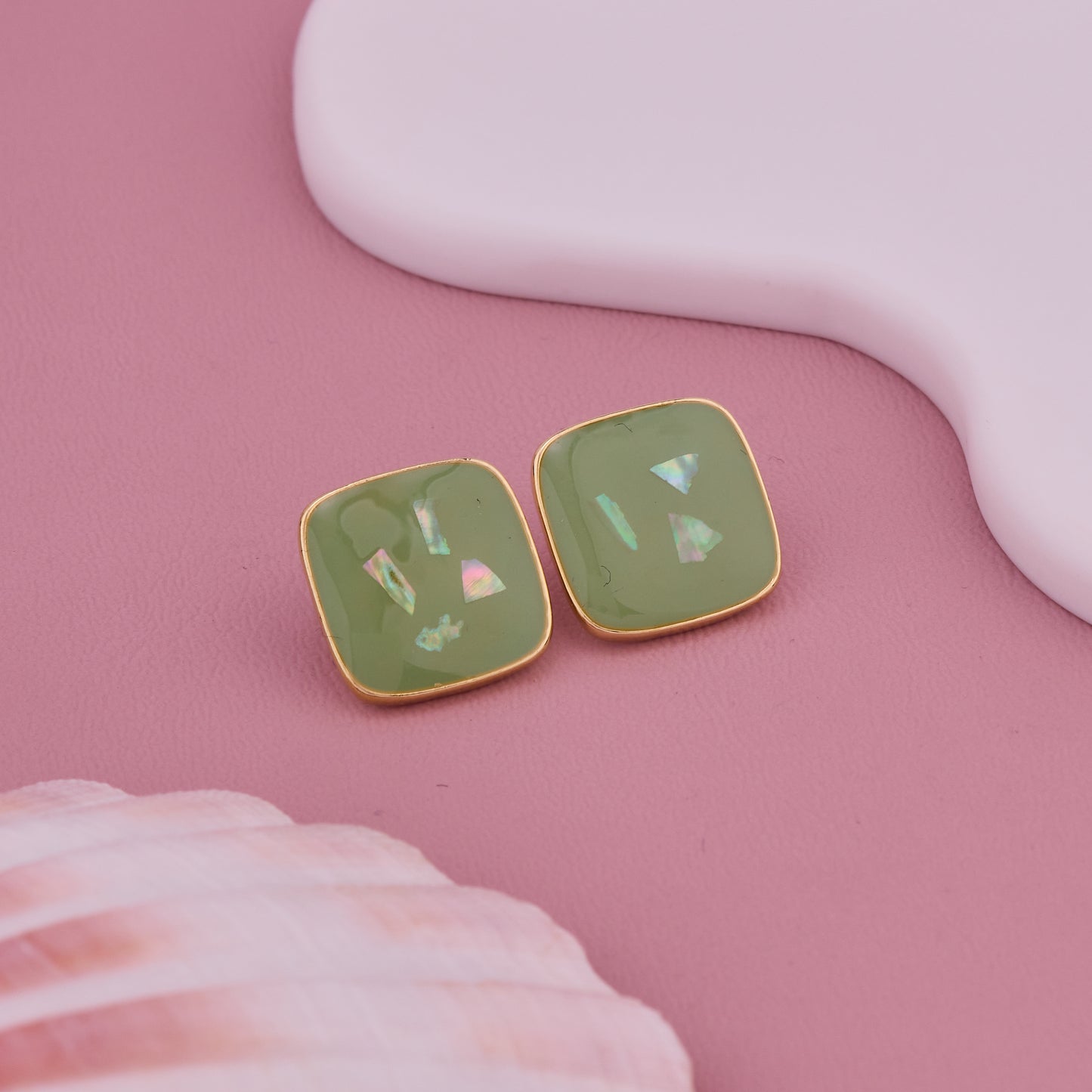 Green Square Glossy Stud Earrings with Iridescent Detailing