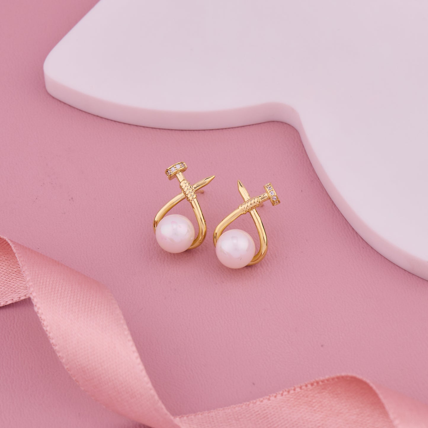 Gold Pearl Nail-Design Stud Earrings with Diamond Detailing on Top