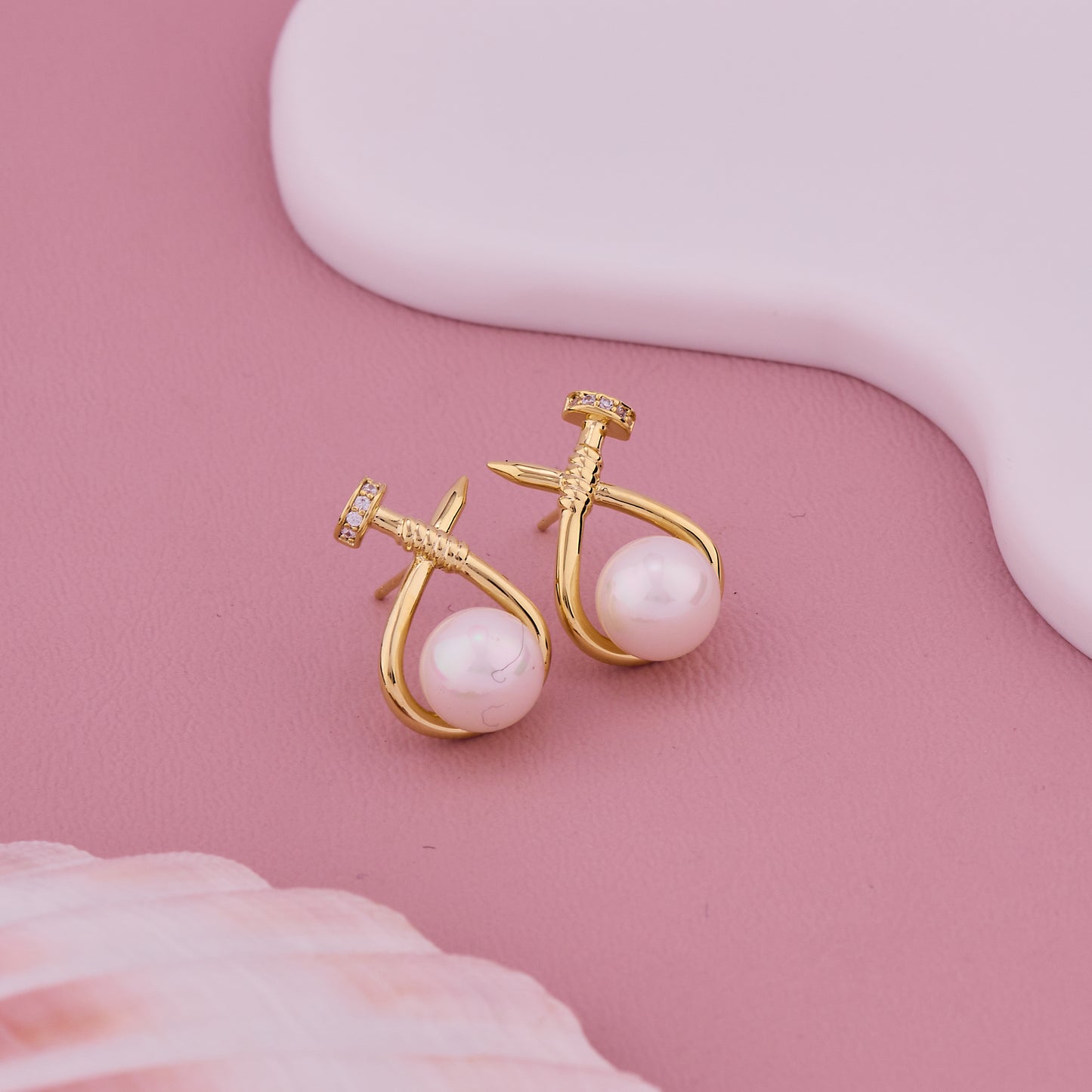 Gold Pearl Nail-Design Stud Earrings with Diamond Detailing on Top