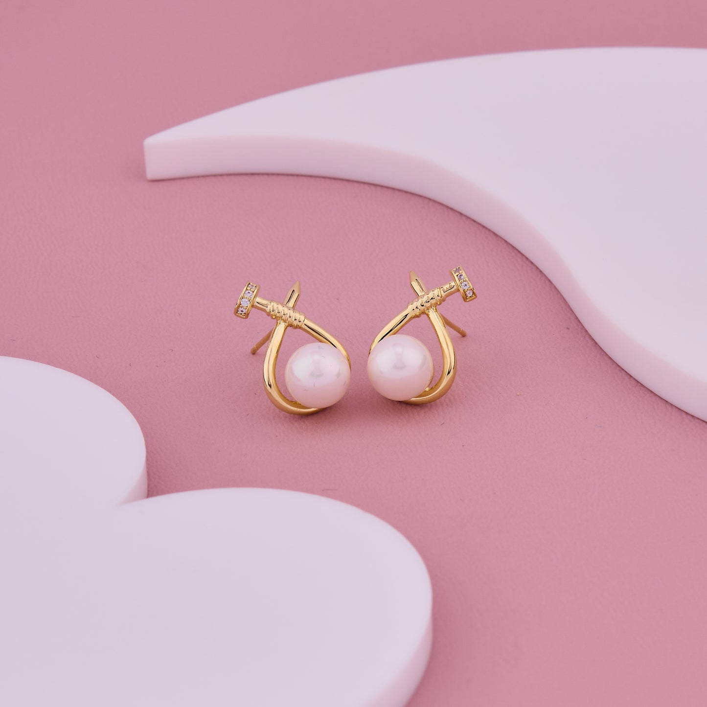 Gold Pearl Nail-Design Stud Earrings with Diamond Detailing on Top