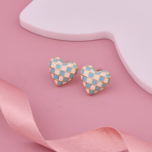 Blue & White Checkered Heart-Shaped Stud Earrings with Gold Outlining