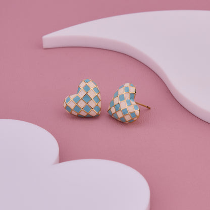 Blue & White Checkered Heart-Shaped Stud Earrings with Gold Outlining