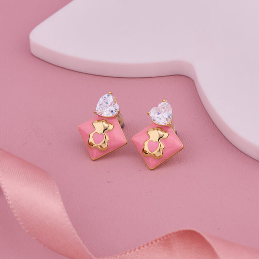 Pink Enamel Heart-Cut Crystal Stud Earrings with Gold Bunny Motif