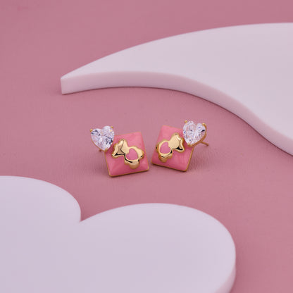 Pink Enamel Heart-Cut Crystal Stud Earrings with Gold Bunny Motif