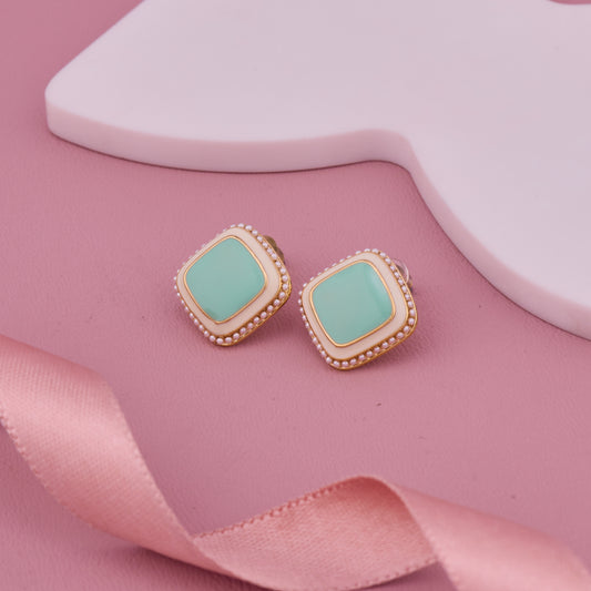 Mint Green Square Enamel Stud Earrings with Pearl Beaded Gold Border