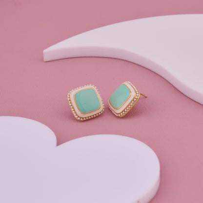 Mint Green Square Enamel Stud Earrings with Pearl Beaded Gold Border