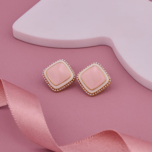 Peach Enamel Square Stud Earrings with Pearl Beaded Border