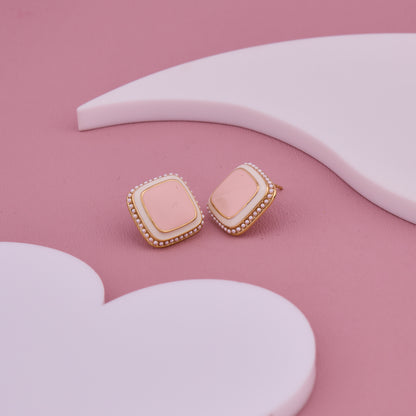 Peach Enamel Square Stud Earrings with Pearl Beaded Border
