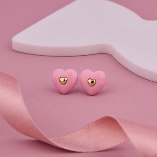 Pink Heart Stud Earrings with Golden Heart Center