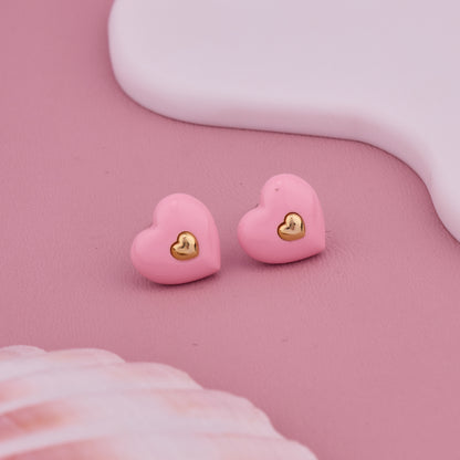Pink Heart Stud Earrings with Golden Heart Center
