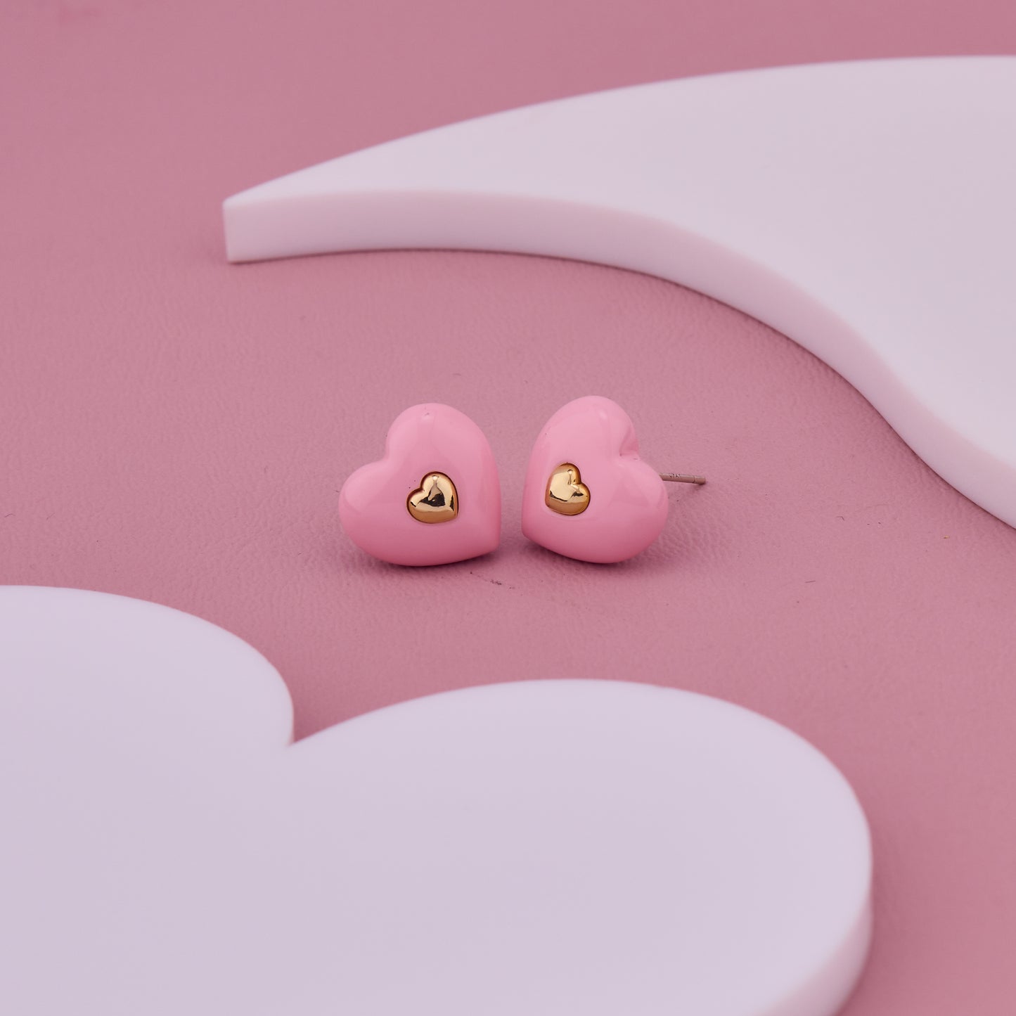 Pink Heart Stud Earrings with Golden Heart Center