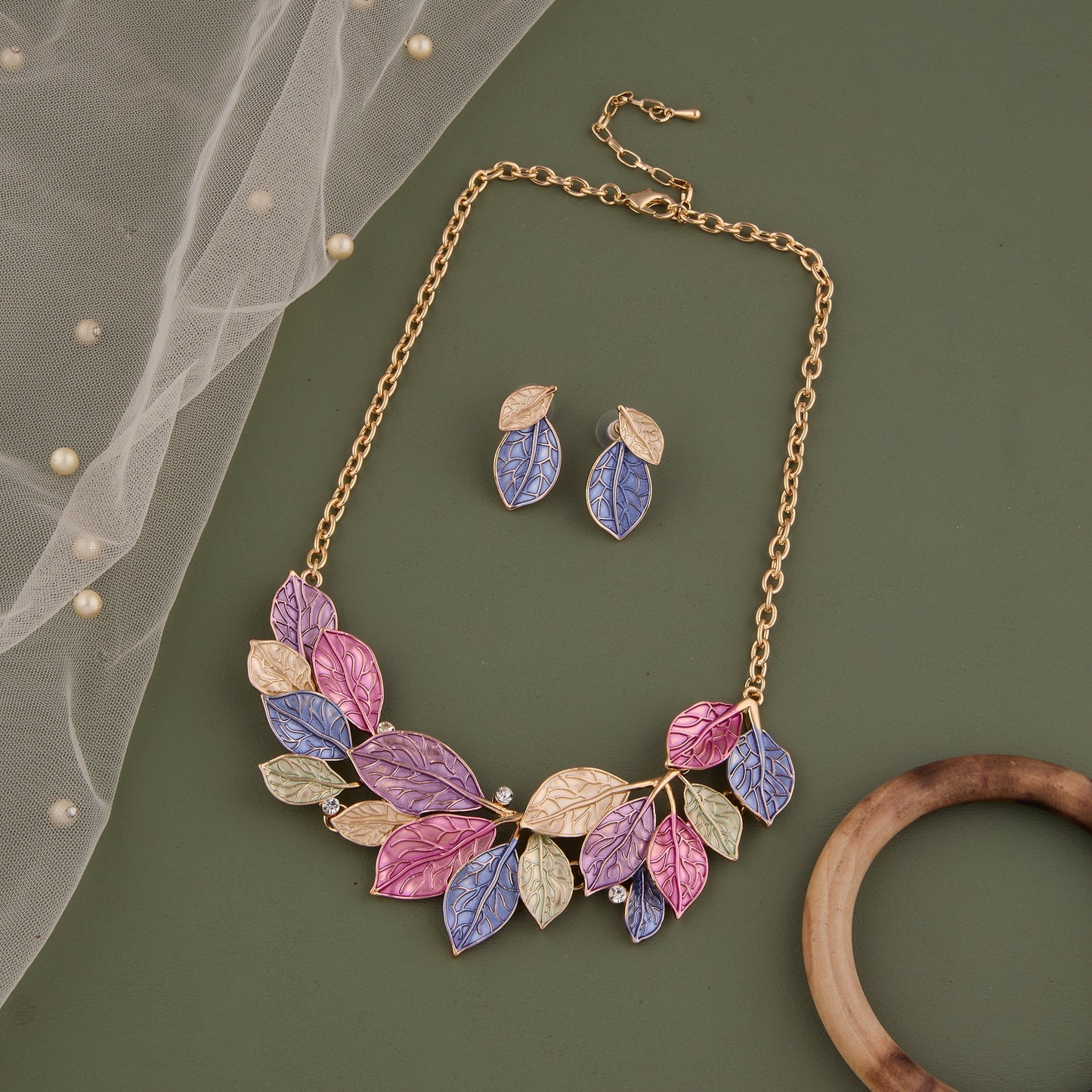 Multicolor Leaf Necklace Set with Gold Chain & Earrings