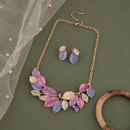 Multicolor Leaf Necklace Set with Gold Chain & Earrings