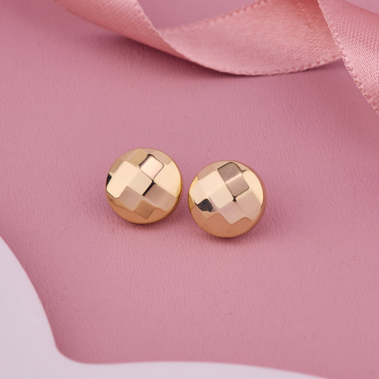 Gold-Toned Geometric Round Stud Earrings with Checkered Texture