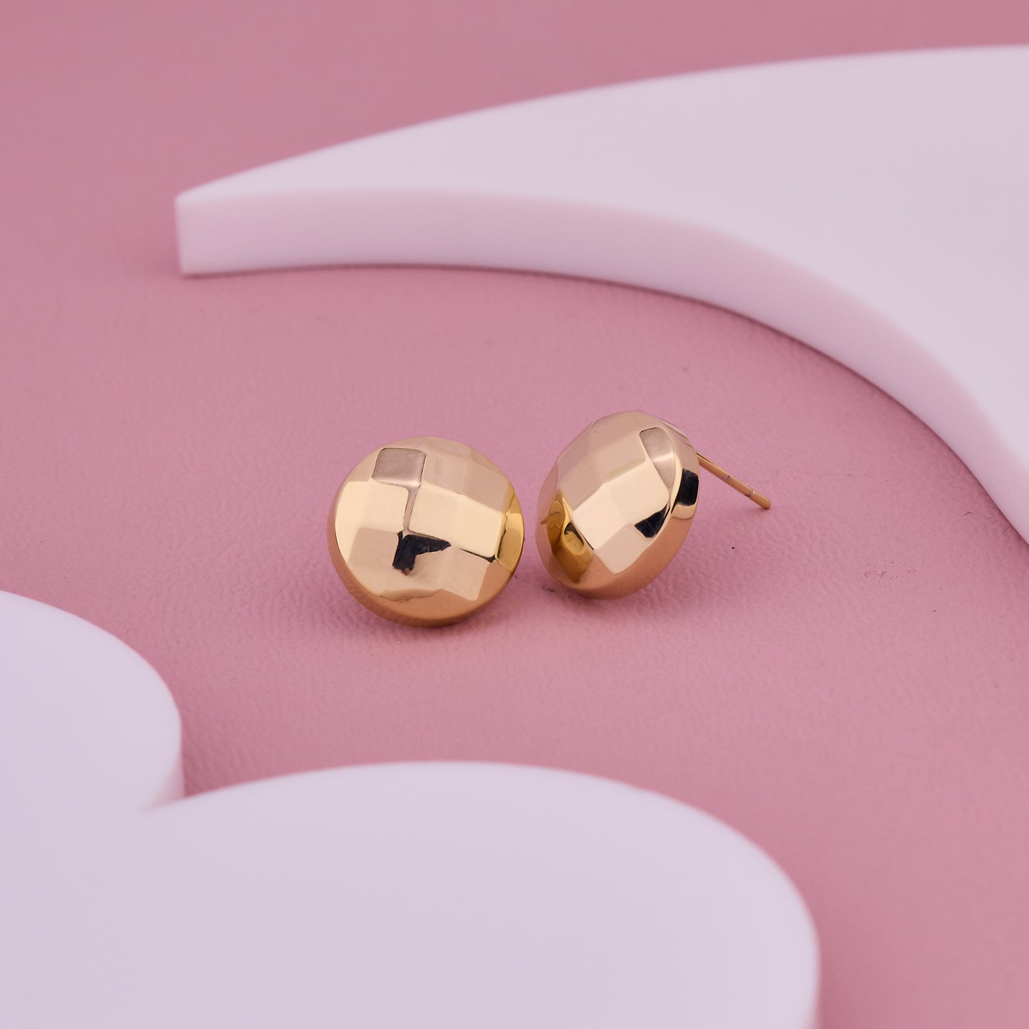 Gold-Toned Geometric Round Stud Earrings with Checkered Texture