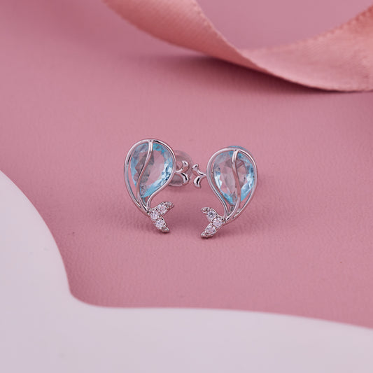 Silver-Toned Leaf Design Earrings with Blue Gemstones