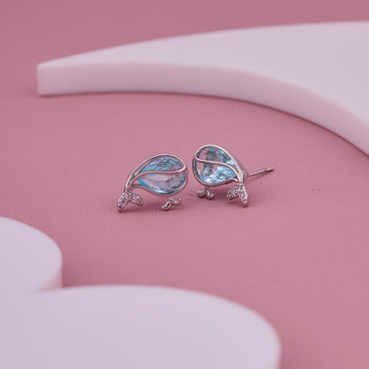 Silver-Toned Leaf Design Earrings with Blue Gemstones