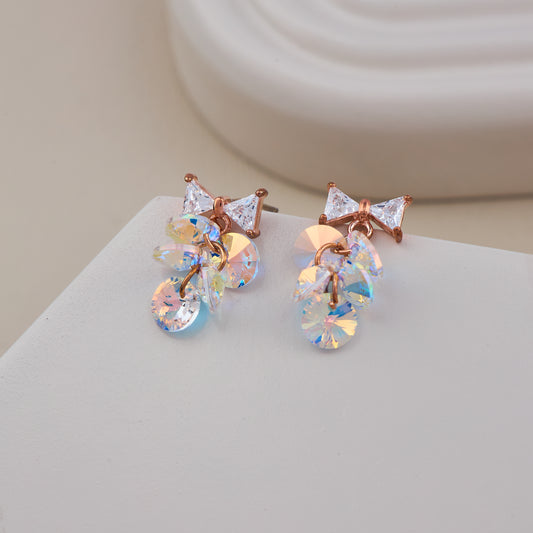 Rose Gold Bow Earrings with Iridescent Crystal Dangle Discs