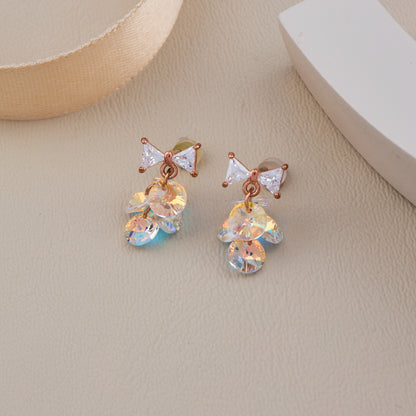Rose Gold Bow Earrings with Iridescent Crystal Dangle Discs