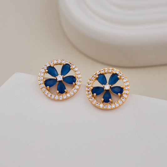 Gold-Toned Round Floral Earrings with Blue Gemstone