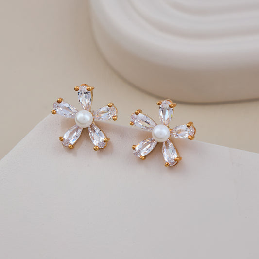Gold-Toned Floral Earrings with Crystal Petals and Pearl Center