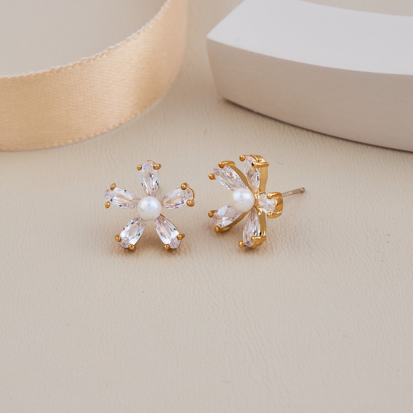 Gold-Toned Floral Earrings with Crystal Petals and Pearl Center