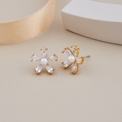 Gold-Toned Floral Earrings with Crystal Petals and Pearl Center