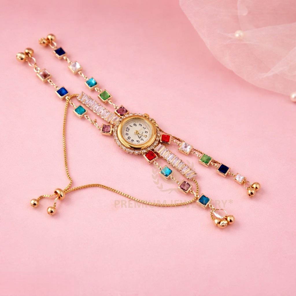 Designer Gold Kashmiri Watch with Multicolor Stones & Charms
