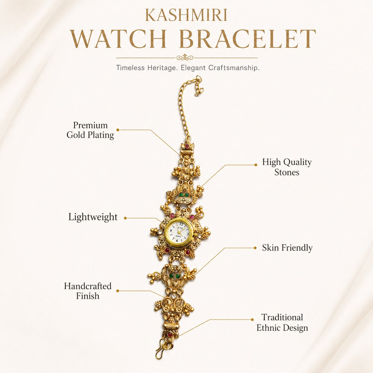 Royal Traditional Gold-Plated Kashmiri Watch Bracelet | Ethnic Antique Handcrafted Style