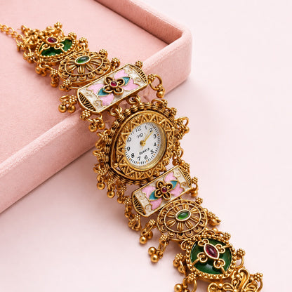 Traditional Gold-Tone Designer Bracelet Watch for Women | Ethnic Floral Jewellery Watch