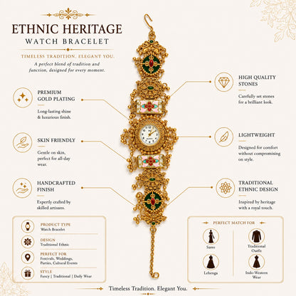 Traditional Gold-Tone Designer Bracelet Watch for Women | Ethnic Floral Jewellery Watch