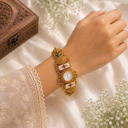 Traditional Gold-Tone Designer Bracelet Watch for Women | Ethnic Floral Jewellery Watch
