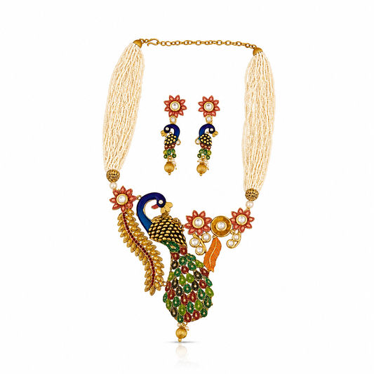 Traditional Peacock Design Necklace & Earrings Set with Pearls