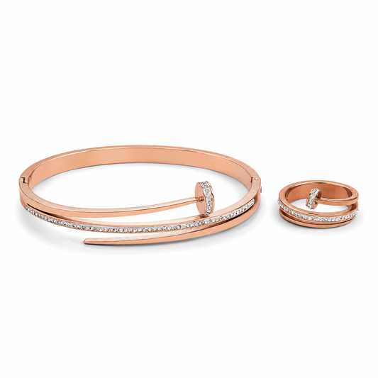 Rose Gold Nail Studded Bracelet With Ring Combo For Girls And Women