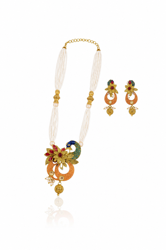 Traditional Peacock Design Kundan & Pearl Necklace Set