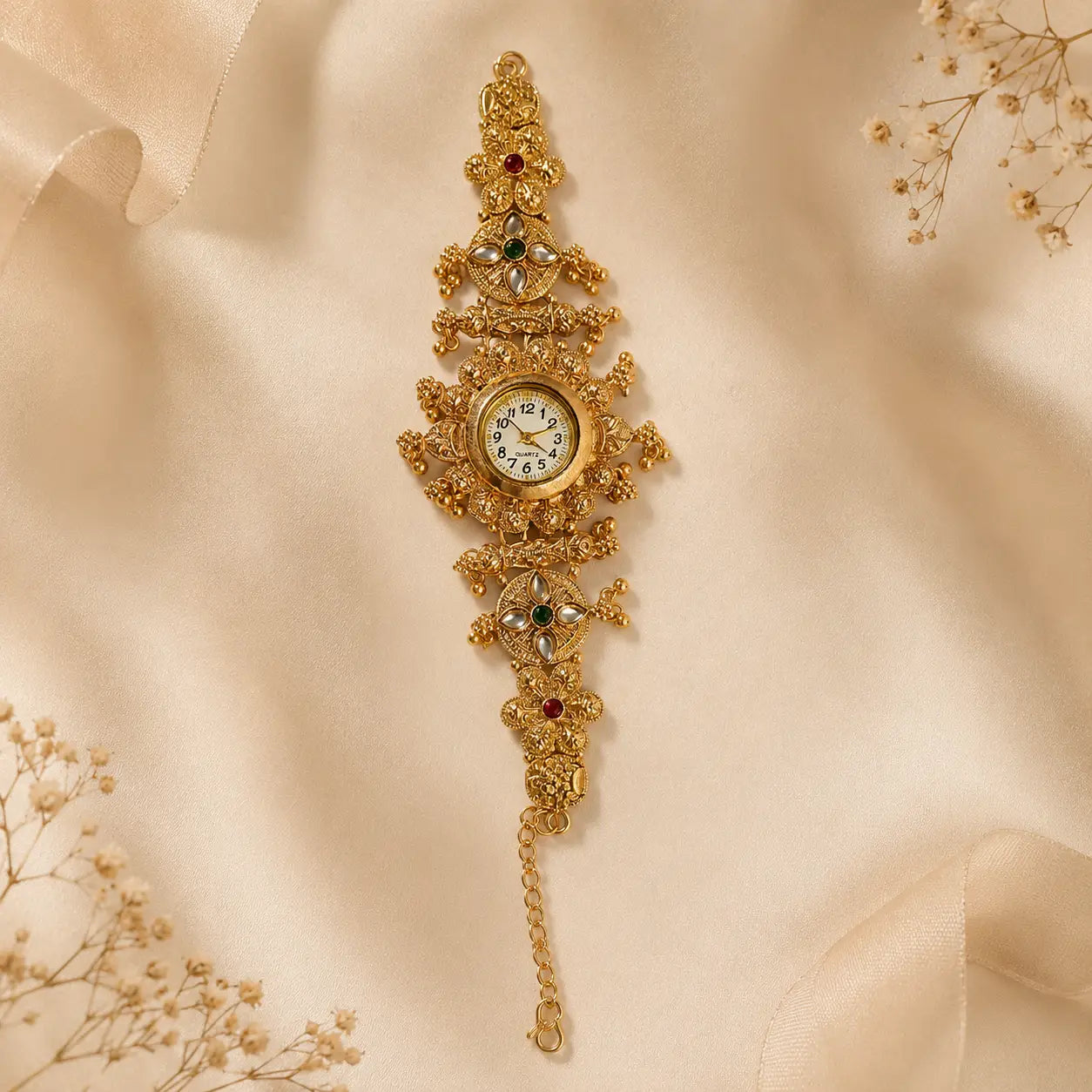 Kashmiri watch bracelet for women in gold-tone design