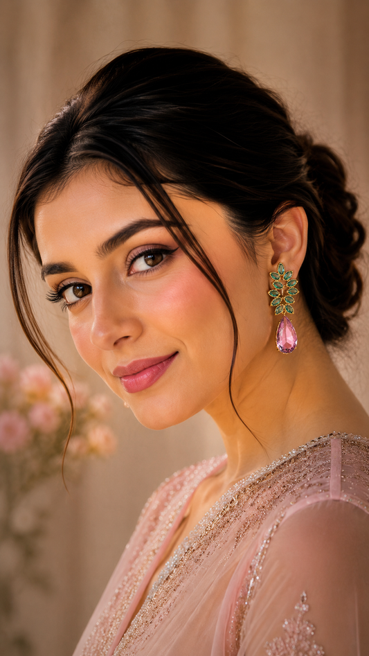 Emerald Pink Leaf Studs