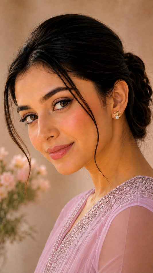 Golden Ribbon Pearl Stud Earrings
