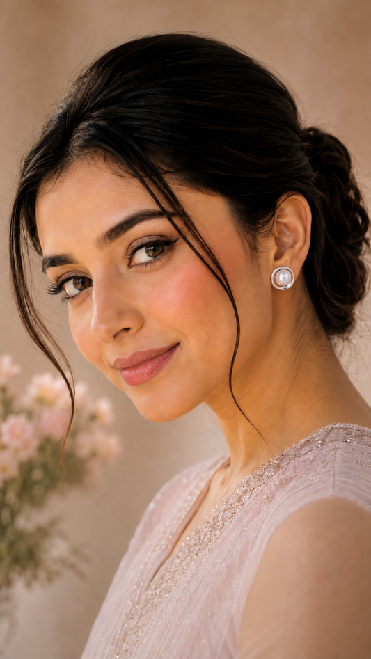 Silver Pearl Circle Stud Earrings