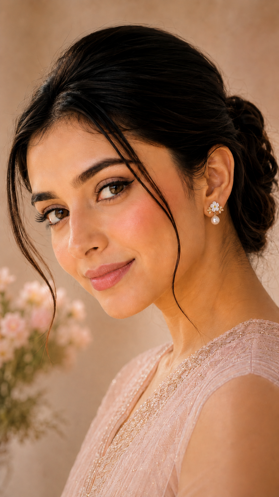 Floral Pearl Drop Stud Earrings