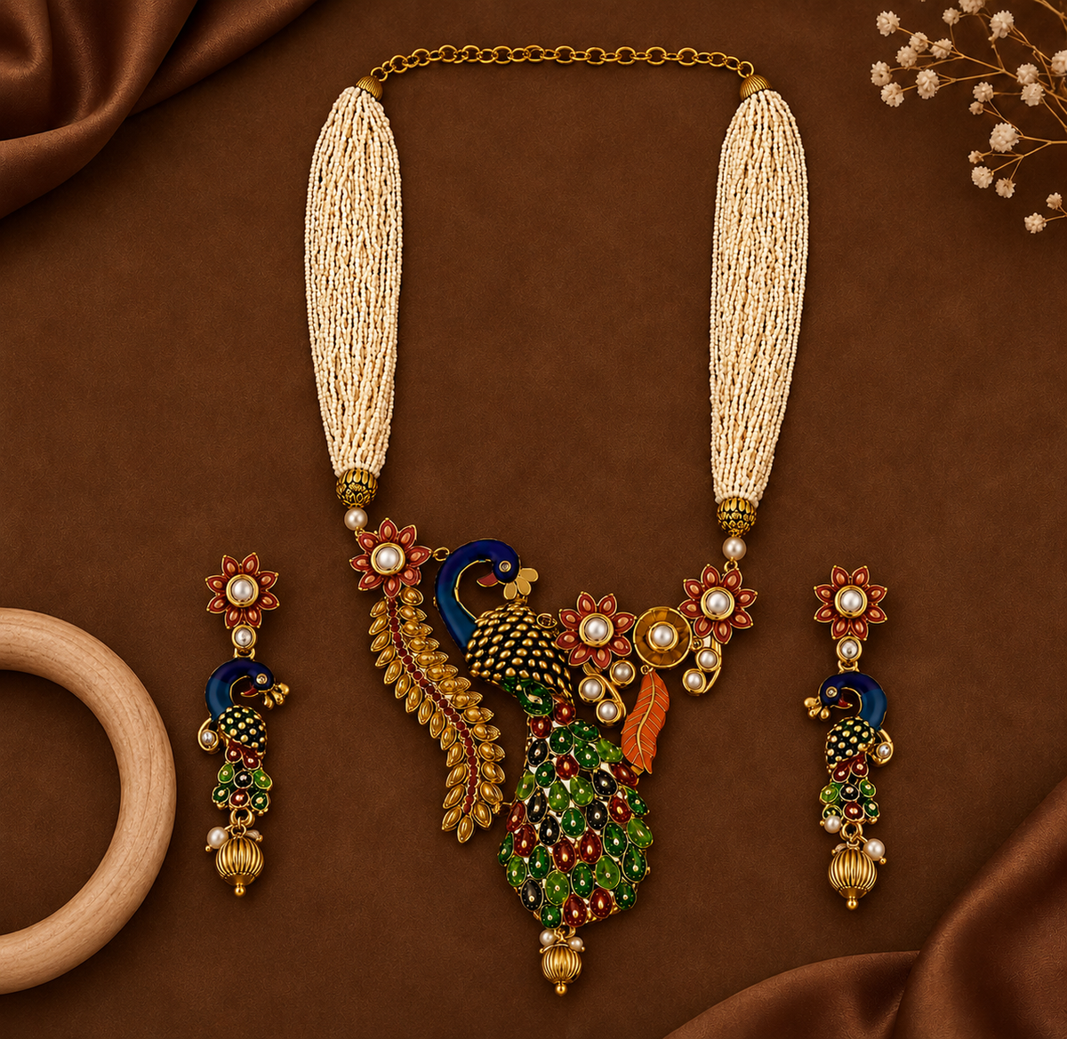 Traditional Peacock Design Necklace & Earrings Set with Pearls