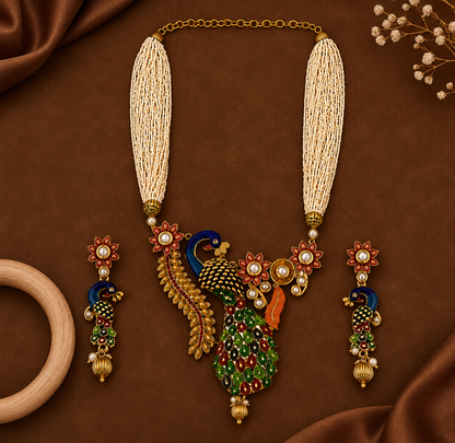 Traditional Peacock Design Necklace & Earrings Set with Pearls