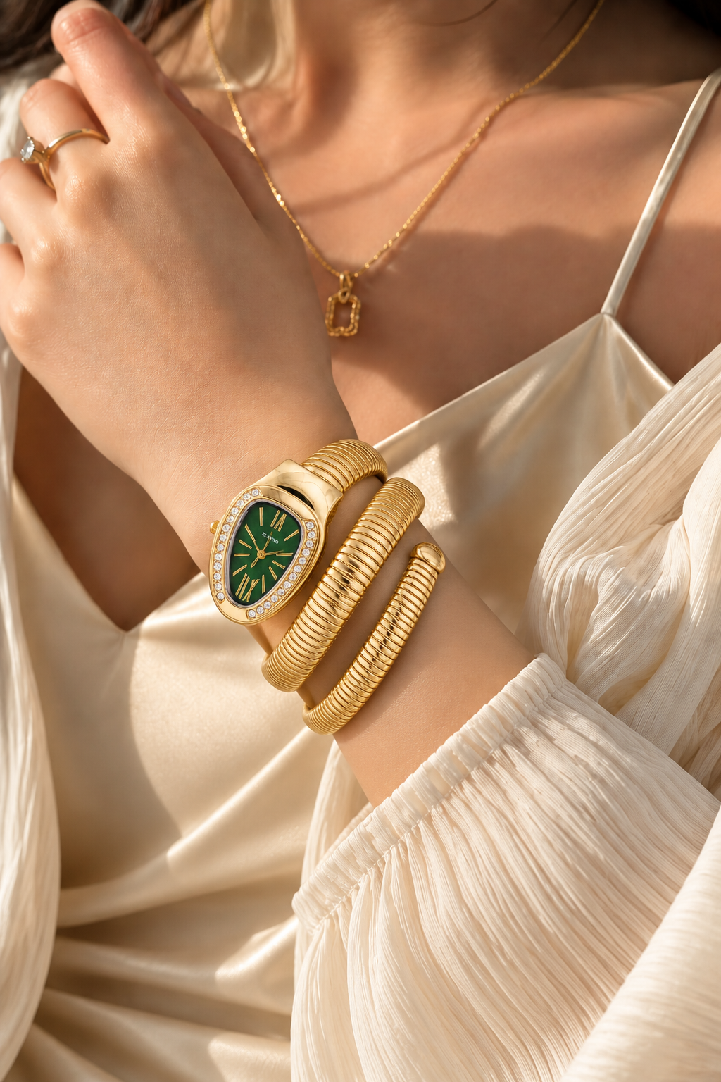 Women wearing snake watch bracelet for stylish party wear