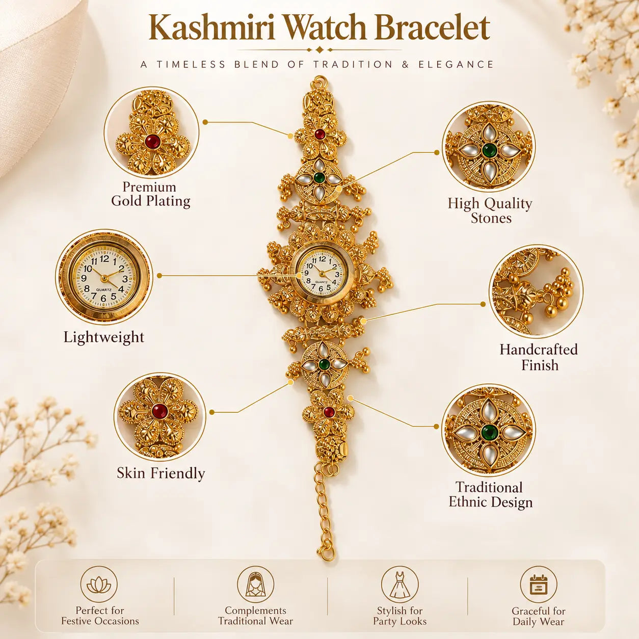 Kashmiri bracelet watch for women featuring a traditional gold-tone design