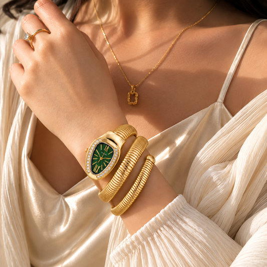 GC Premium Jewellery Snake Watch Bracelet for Women Green Dial Gold-Tone Snake Design Watch