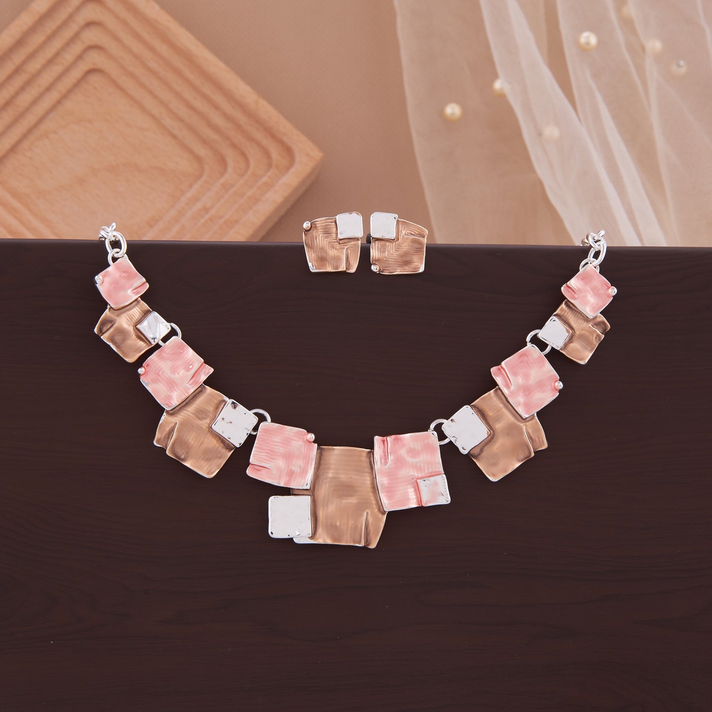 Brown & Pink Square Mosaic Necklace Set