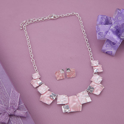 Pink & Silver Abstract Square Necklace Set