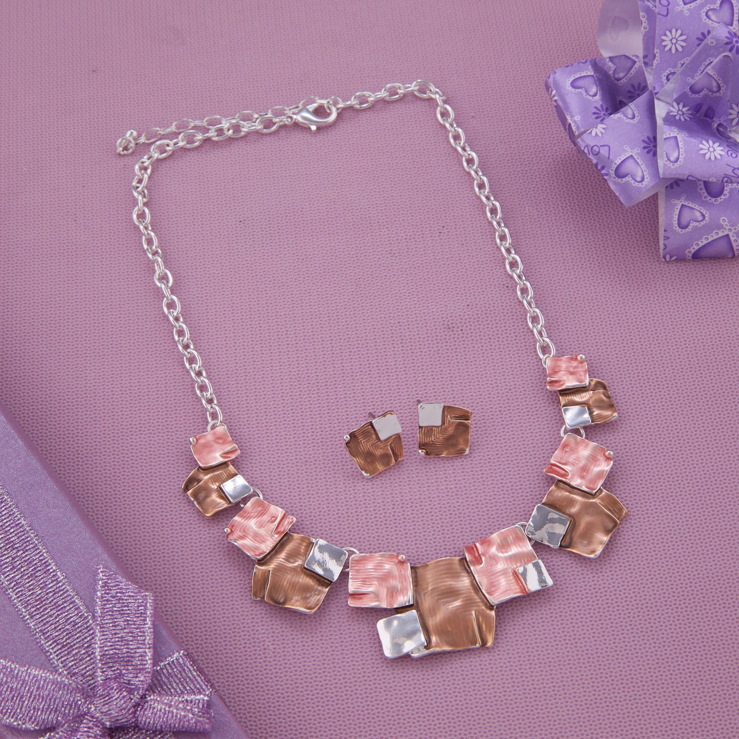 Brown & Pink Square Mosaic Necklace Set