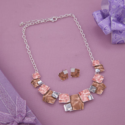 Brown & Pink Square Mosaic Necklace Set