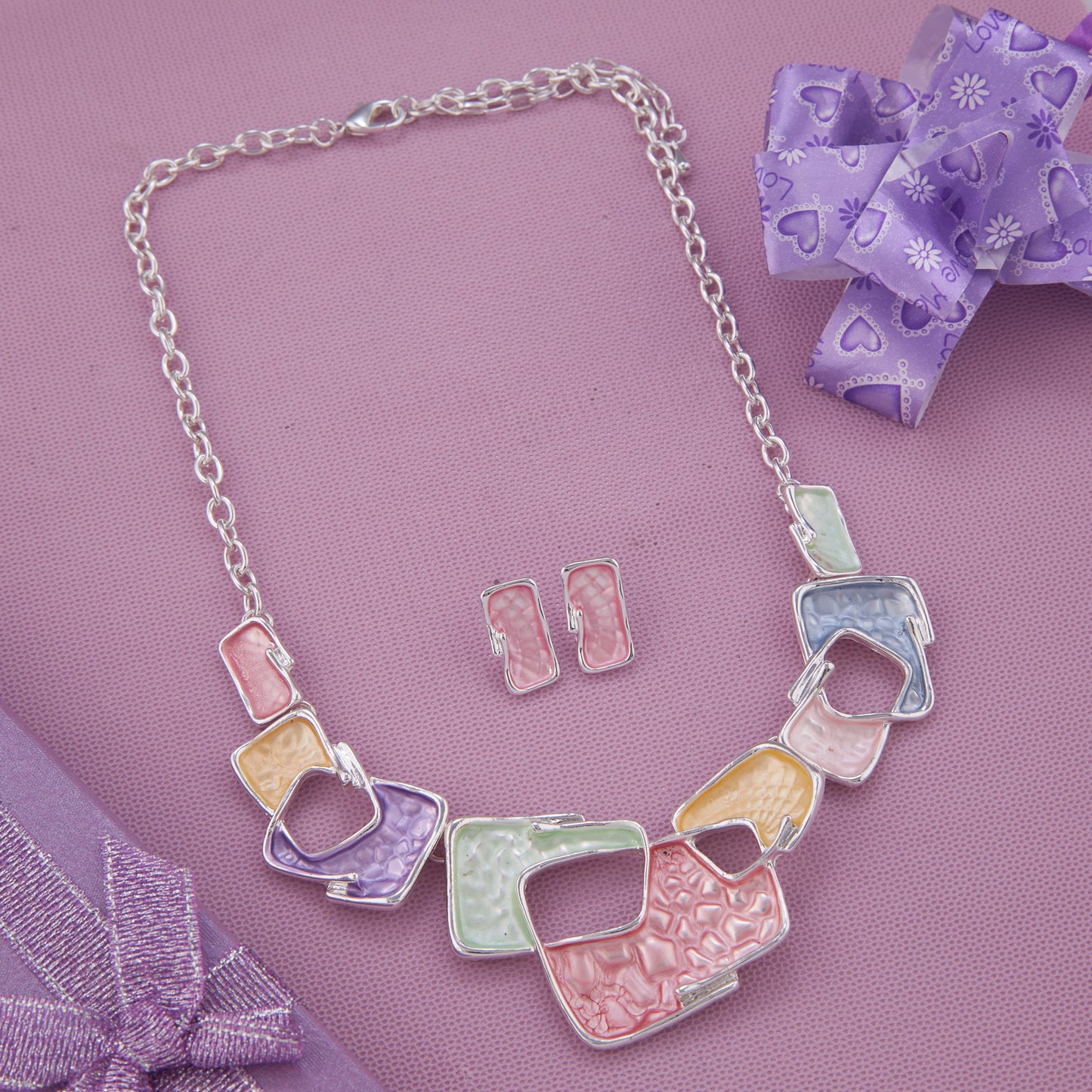 Pastel Geometric Necklace & Earrings Set – Silver-Tone Charm